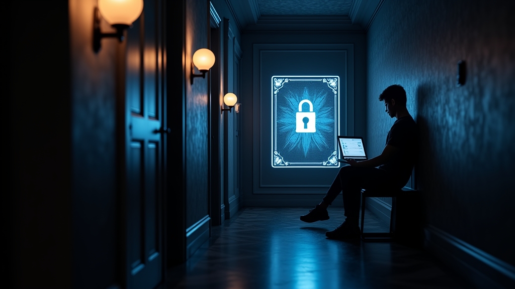 واجهة دخول مضيئة داخل أجواء كازينو داكنة مع حاسوب محمول ورمز أمان