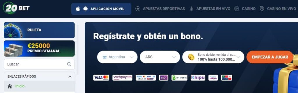 20bet casino Argentina con soporte para pagos en pesos con MercadoPago y bonos para nuevos usuarios.